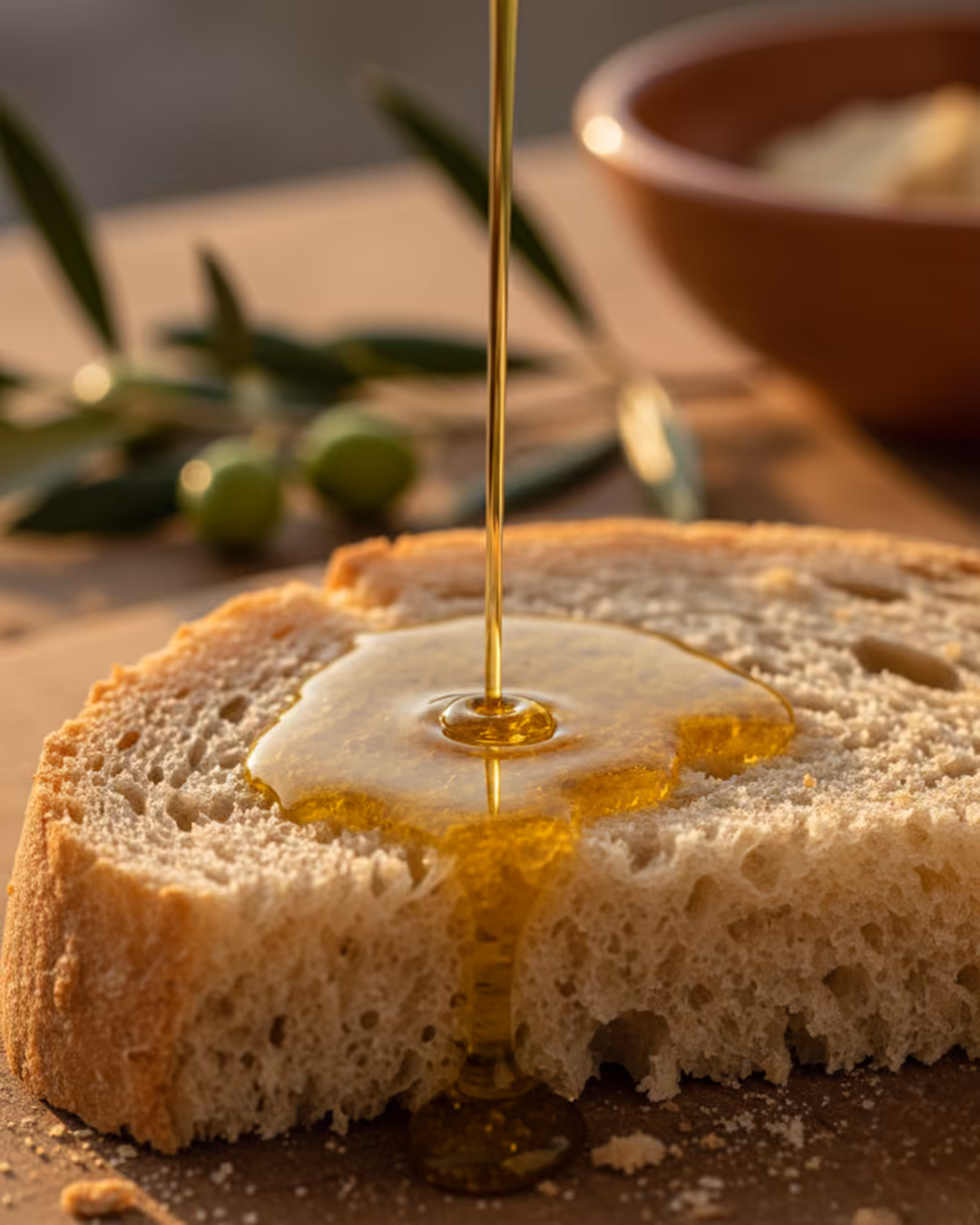 Olio versato sul pane, con olive sullo sfondo